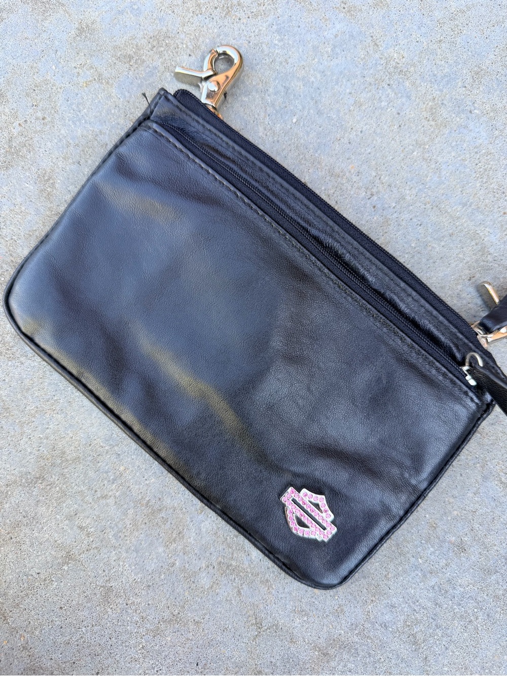 Black Leather Wristlet with Pink Accent Logo